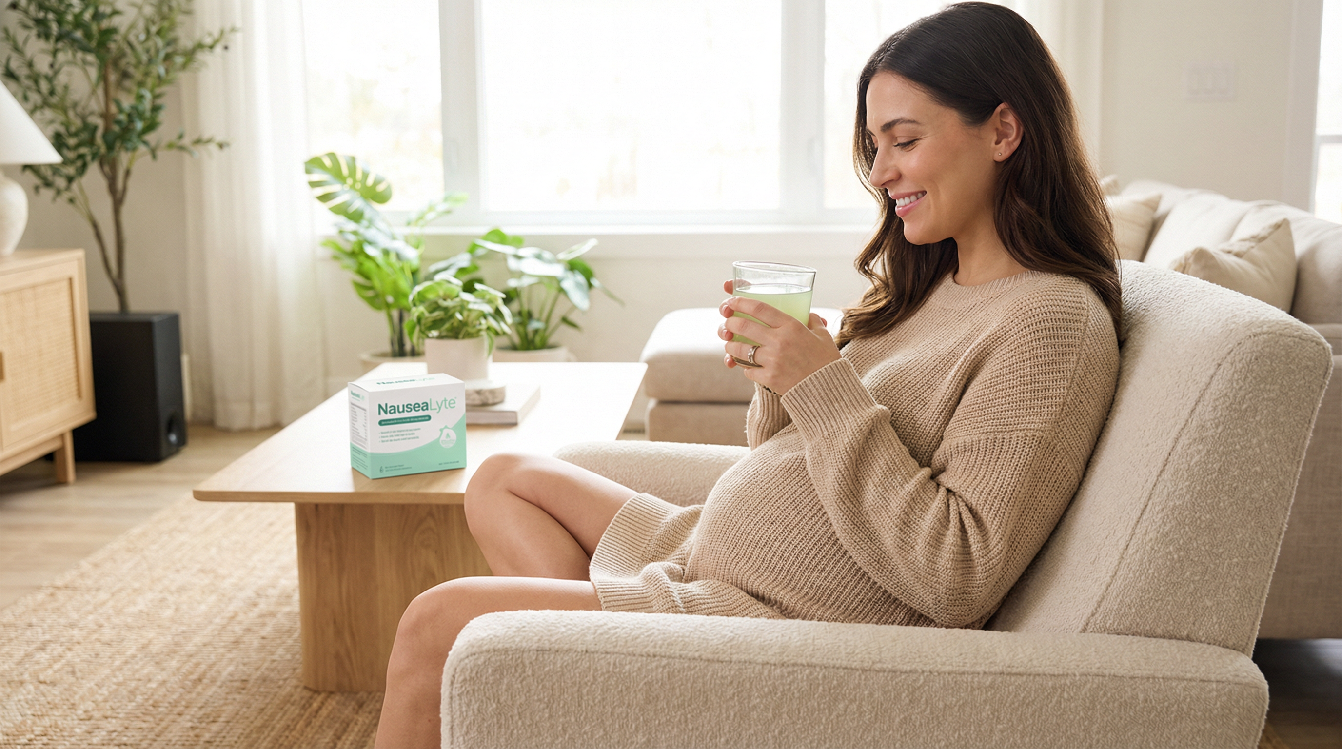 Pregnant woman enjoying NauseaLyte for morning sickness relief
